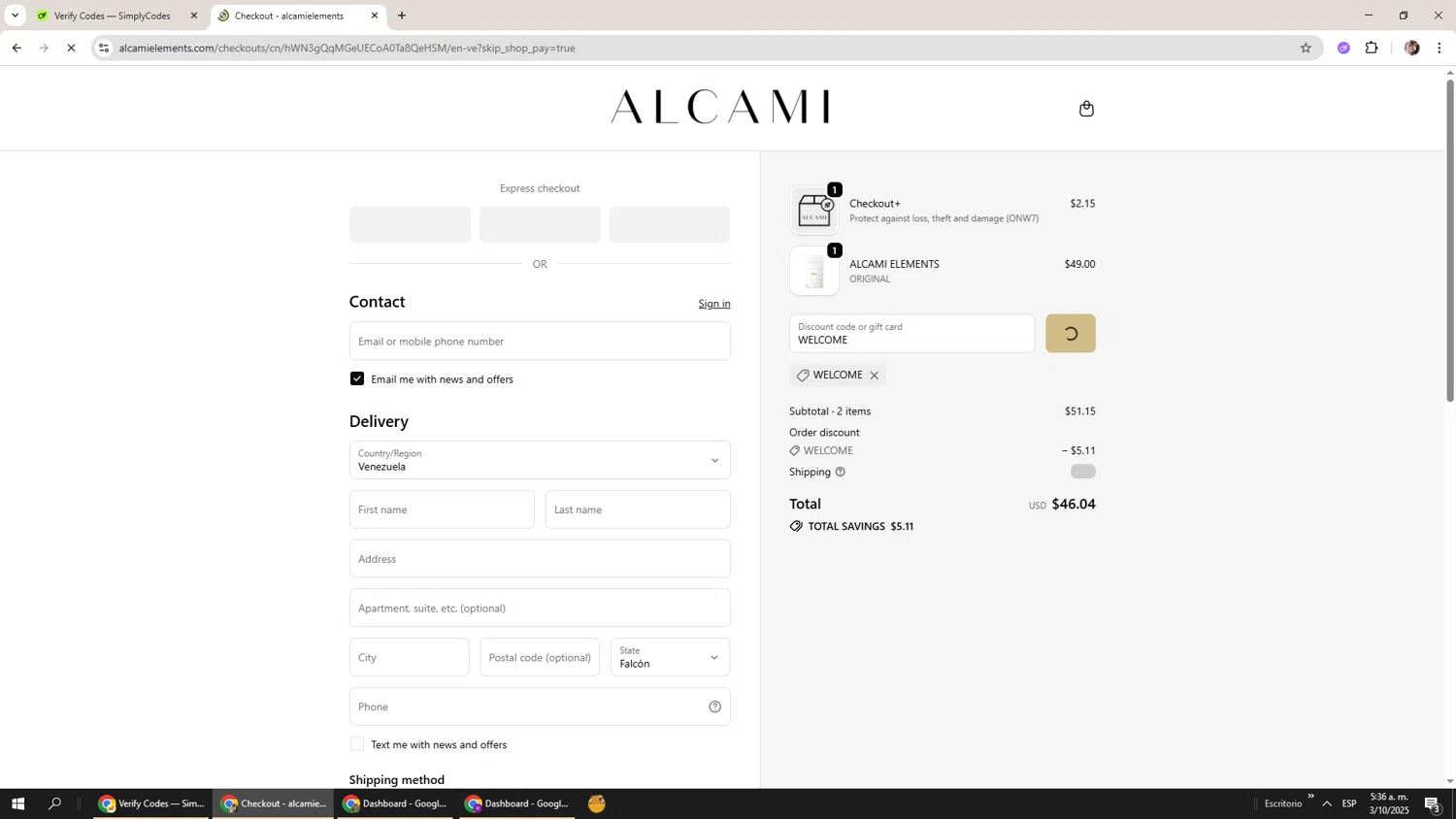 alcamielements promo code screenshot showing code WELCOME applied at alcamielements checkout page. Uploaded by SimplyCodes community member Levi_Ackerman on Oct 3, 2025