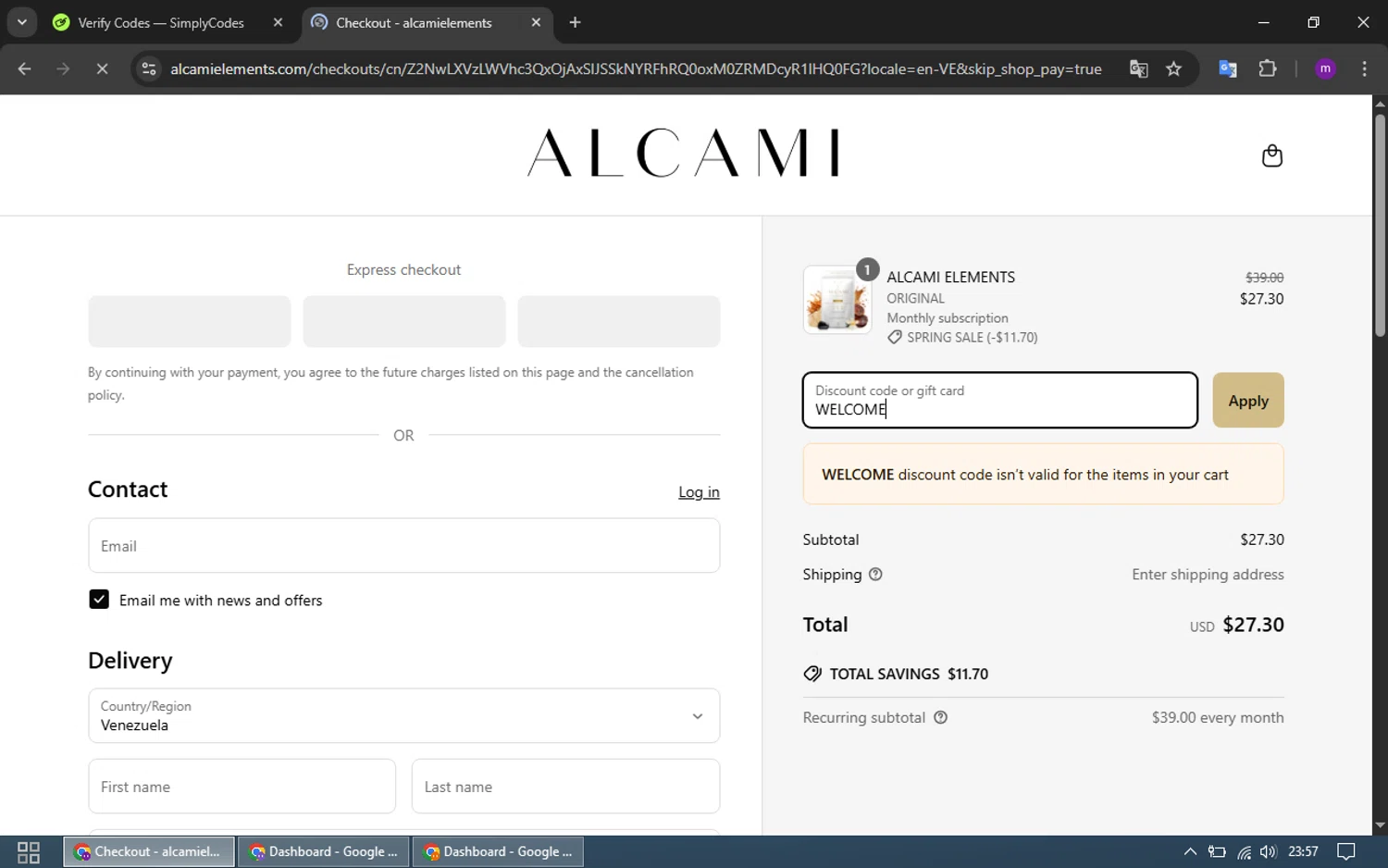 alcamielements promo code screenshot showing code WELCOME applied at alcamielements checkout page. Uploaded by SimplyCodes community member CrownWizard4992 on Apr 13, 2025