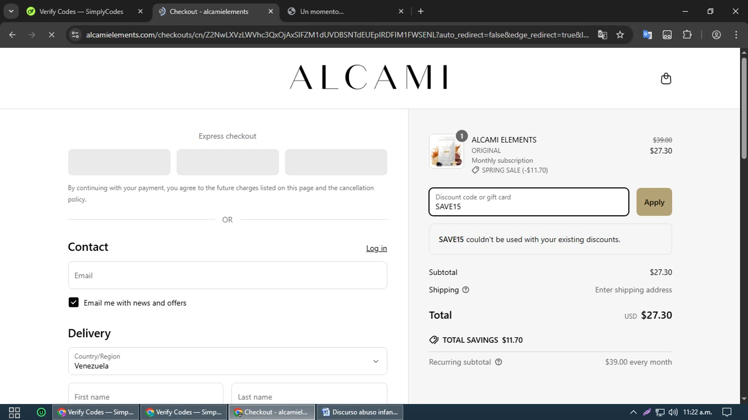 alcamielements promo code screenshot showing code SAVE15 applied at alcamielements checkout page. Uploaded by SimplyCodes community member Chimuelo on Apr 3, 2025