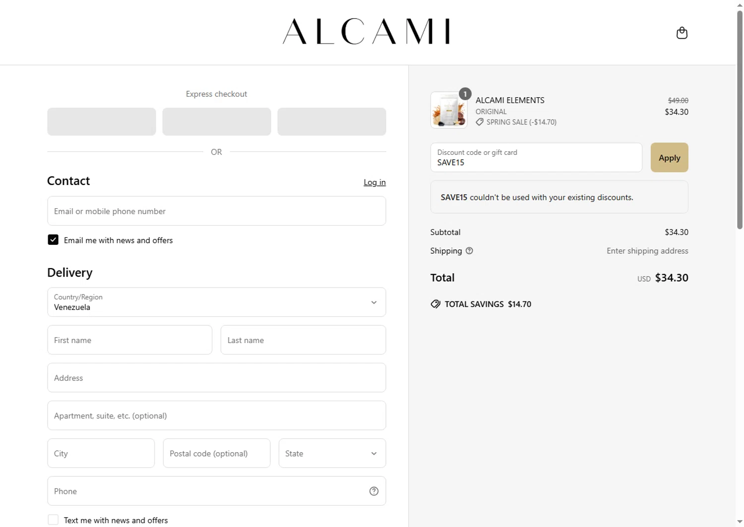 alcamielements promo code screenshot showing code SAVE15 applied at alcamielements checkout page. Uploaded by SimplyCodes community member PennyScholar504 on Apr 3, 2025