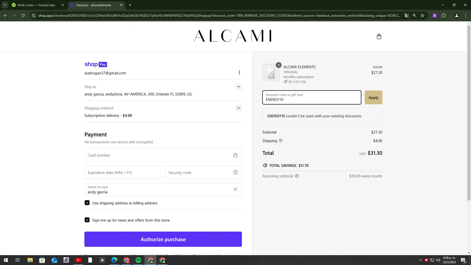 alcamielements promo code screenshot showing code ENERGY10 applied at alcamielements checkout page. Uploaded by SimplyCodes community member ExtraordinaryExpert1730 on Feb 22, 2025