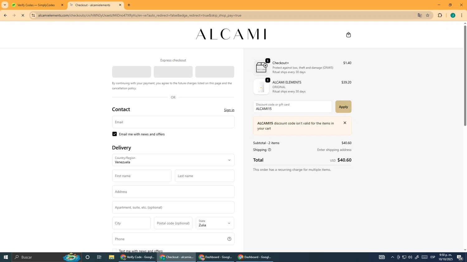 alcamielements promo code screenshot showing code ALCAMI15 applied at alcamielements checkout page. Uploaded by SimplyCodes community member DealScout5970 on Oct 11, 2025