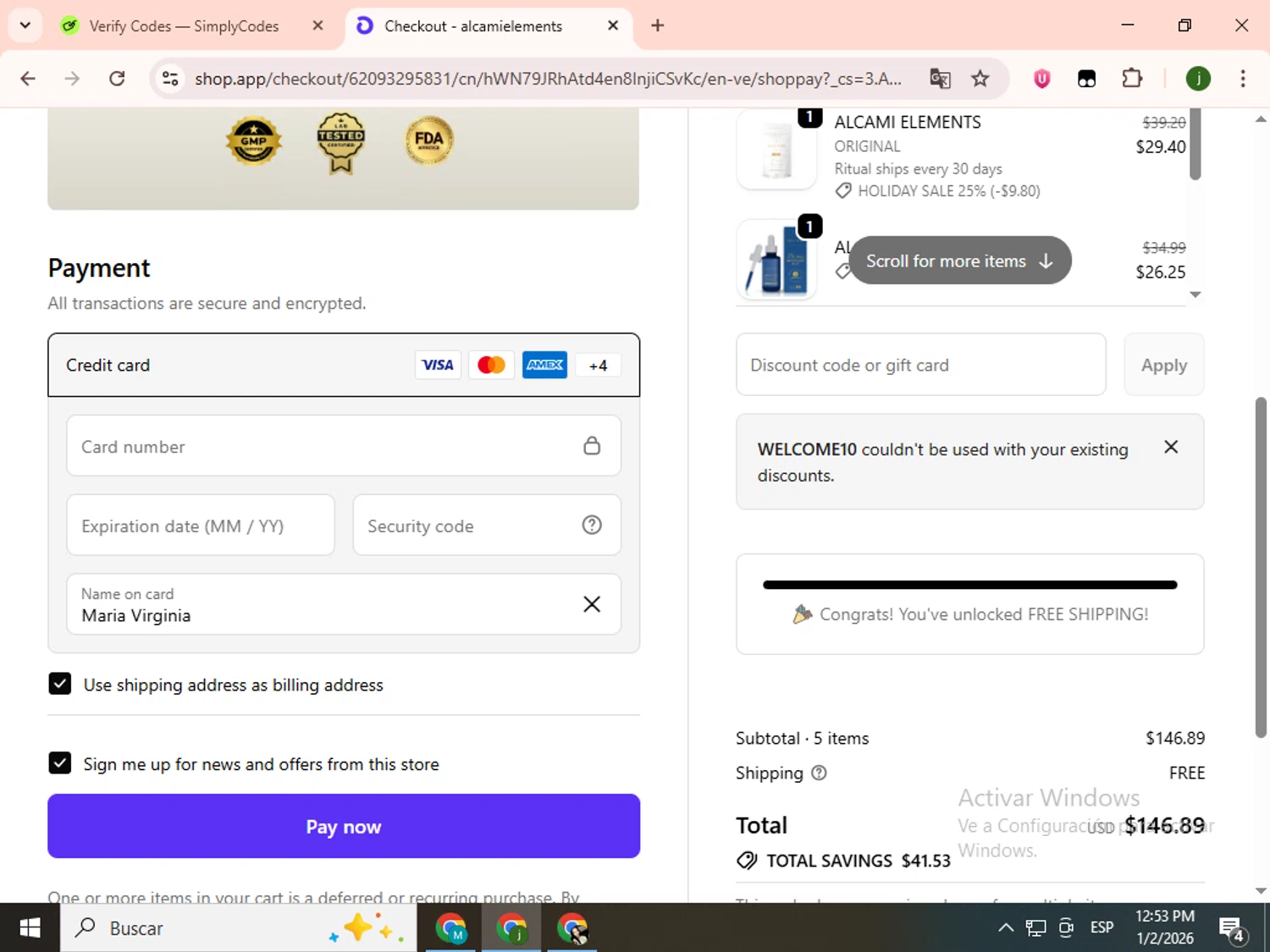 alcamielements checkout page showing alcamielements promo code box | Screenshot taken by SimplyCodes community member on Jan 2, 2026