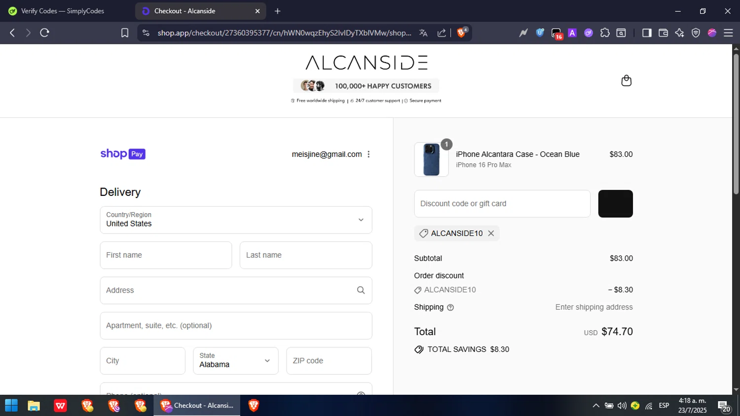 Alcanside discount code screenshot showing code ALCANSIDE10 applied at Alcanside checkout page. Uploaded by SimplyCodes community member NobleFox488 on Jul 23, 2025