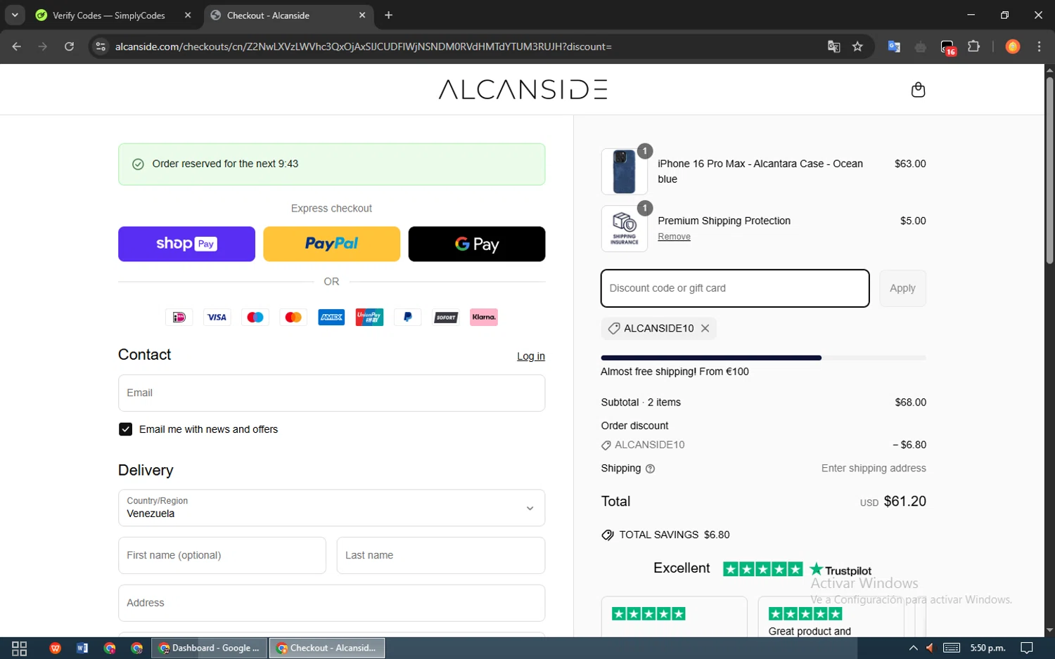 Alcanside discount code screenshot showing code ALCANSIDE10 applied at Alcanside checkout page. Uploaded by SimplyCodes community member ShieldPioneer5726 on Apr 8, 2025