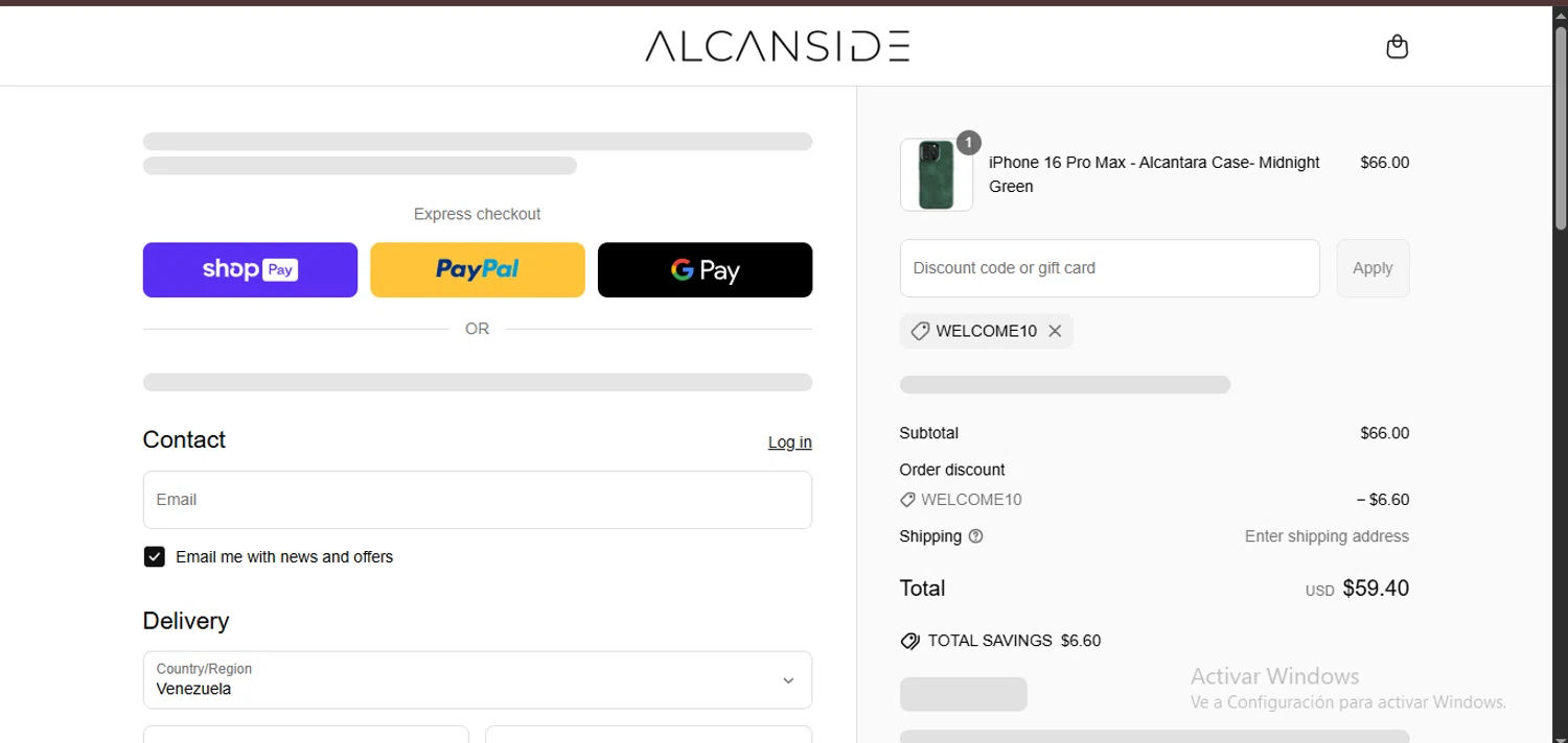 Alcanside discount code screenshot showing code Welcome10 applied at Alcanside checkout page. Uploaded by SimplyCodes community member MagnificentTitan8616 on Apr 20, 2025