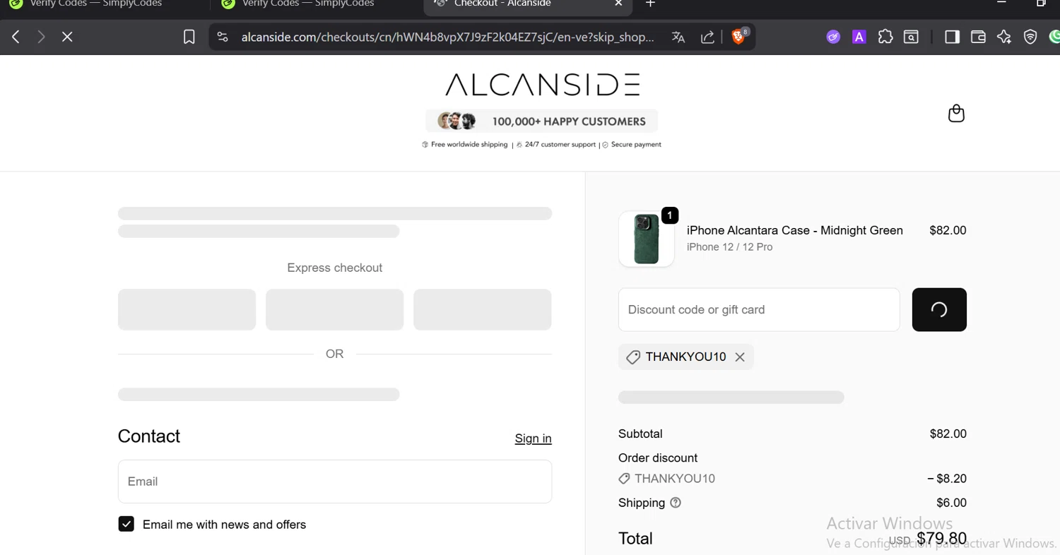 Alcanside discount code screenshot showing code Thankyou10 applied at Alcanside checkout page. Uploaded by SimplyCodes community member CashElite5536 on Oct 27, 2025
