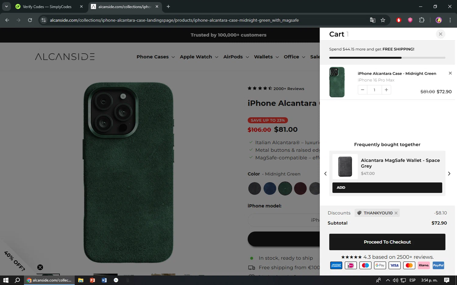 Alcanside discount code screenshot showing code Thankyou10 applied at Alcanside checkout page. Uploaded by SimplyCodes community member TreasureShopper9156 on Jun 18, 2025