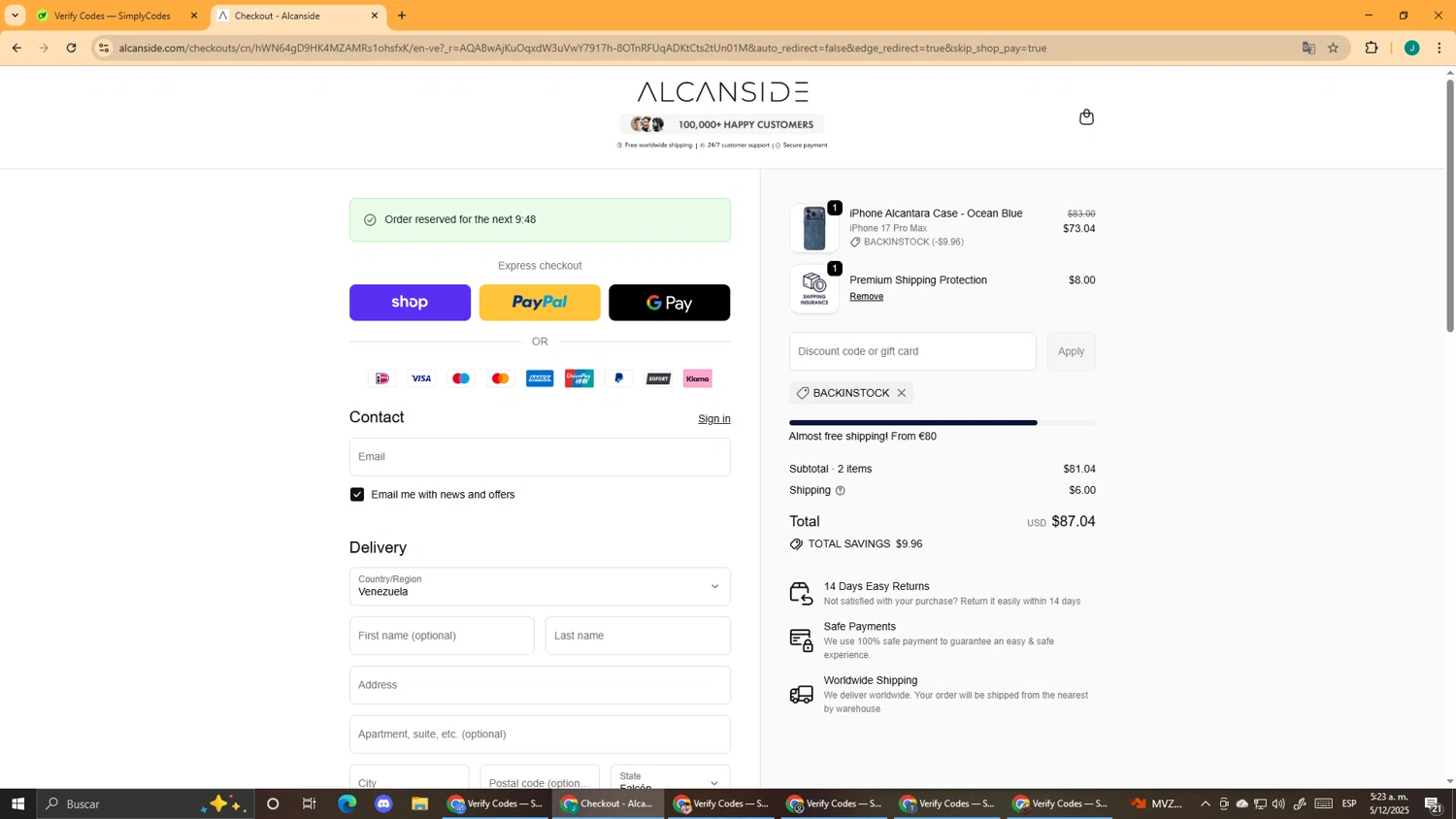 Alcanside discount code screenshot showing code BackInStock applied at Alcanside checkout page. Uploaded by SimplyCodes community member DealScout5970 on Dec 5, 2025