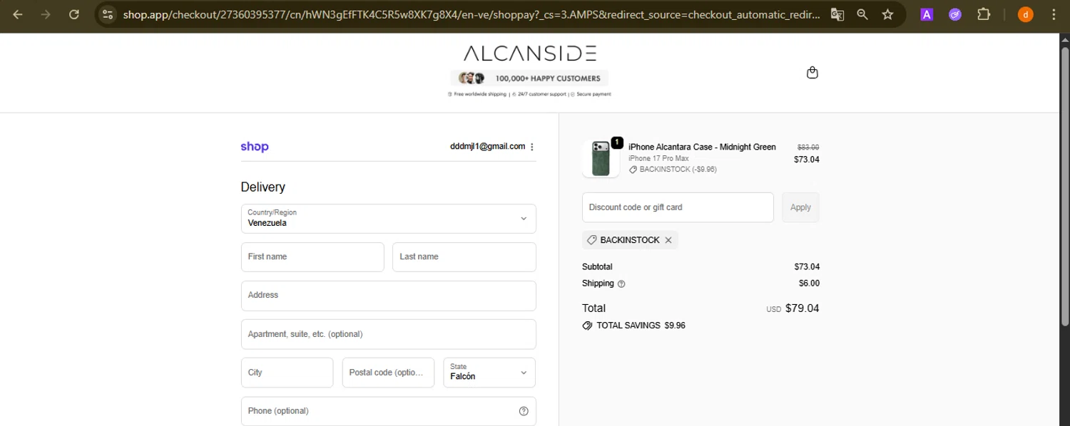 Alcanside discount code screenshot showing code BackInStock applied at Alcanside checkout page. Uploaded by SimplyCodes community member PennyAdmiral6960 on Oct 3, 2025