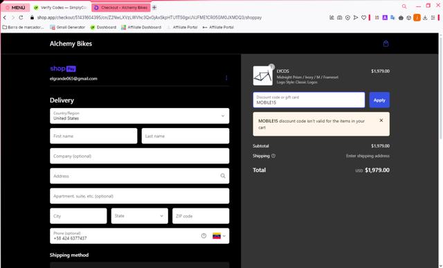 Alchemy Bicycles checkout page showing Alchemy Bicycles promo code box | Screenshot taken by SimplyCodes community member on Jan 26, 2025