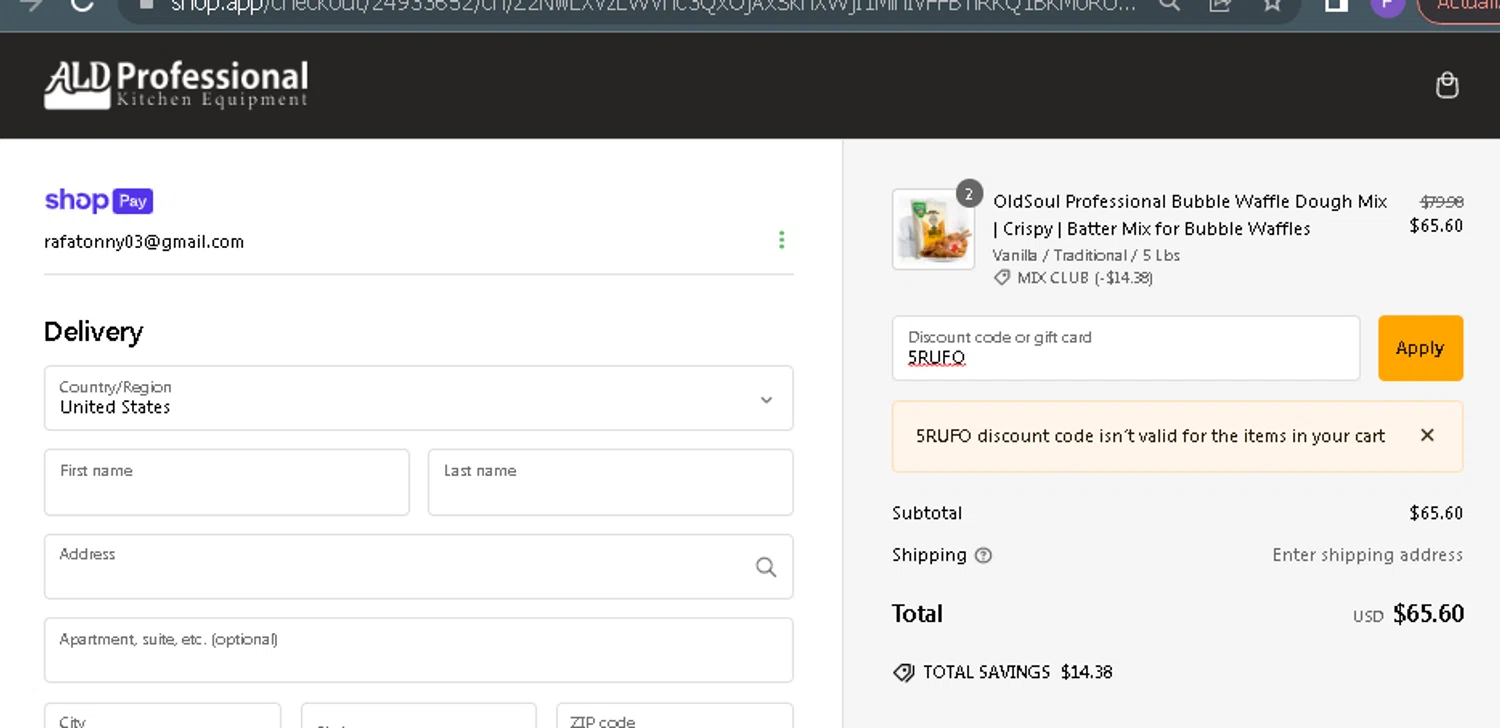 ALDKitchen promo code screenshot showing code 5RUFO applied at ALDKitchen checkout page. Uploaded by SimplyCodes community member ParisSmith on Jan 18, 2025