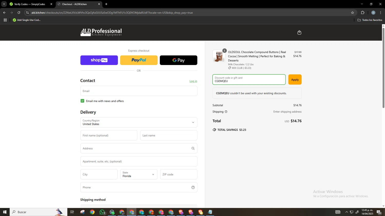 ALDKitchen promo code screenshot showing code CGEMQEU applied at ALDKitchen checkout page. Uploaded by SimplyCodes community member Neonvalo on Apr 14, 2025