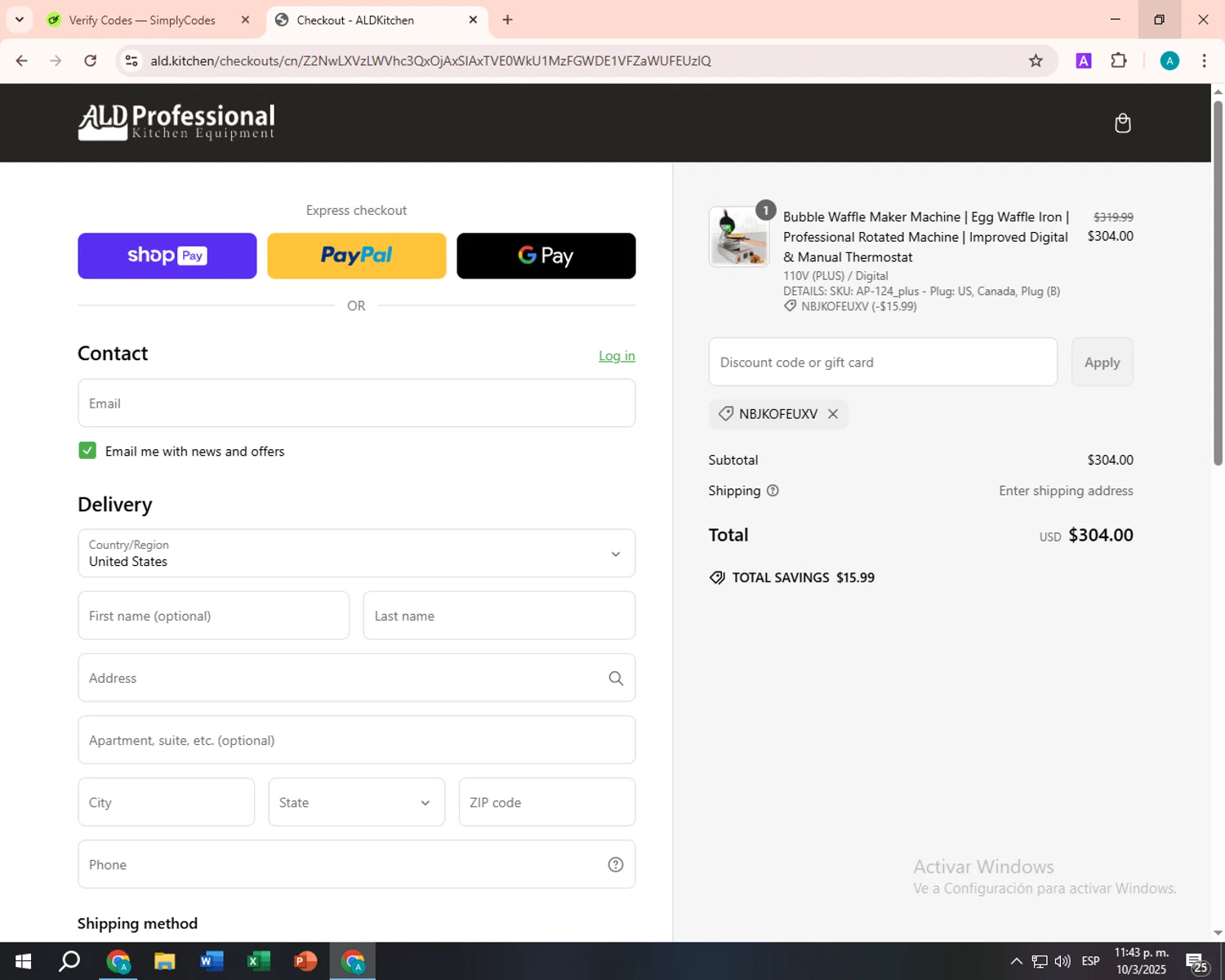 ALDKitchen promo code screenshot showing code NBJKOFEUXV applied at ALDKitchen checkout page. Uploaded by SimplyCodes community member FortunateSentinel9389 on Mar 11, 2025