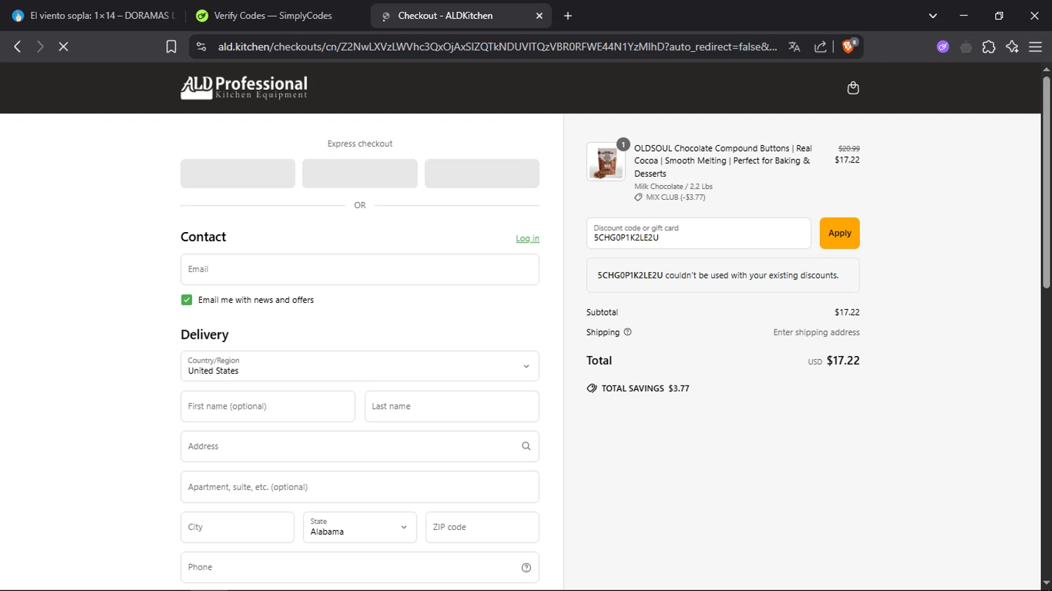 ALDKitchen promo code screenshot showing code 5CHG0P1K2LE2U applied at ALDKitchen checkout page. Uploaded by SimplyCodes community member SmartScholar9589 on May 20, 2025