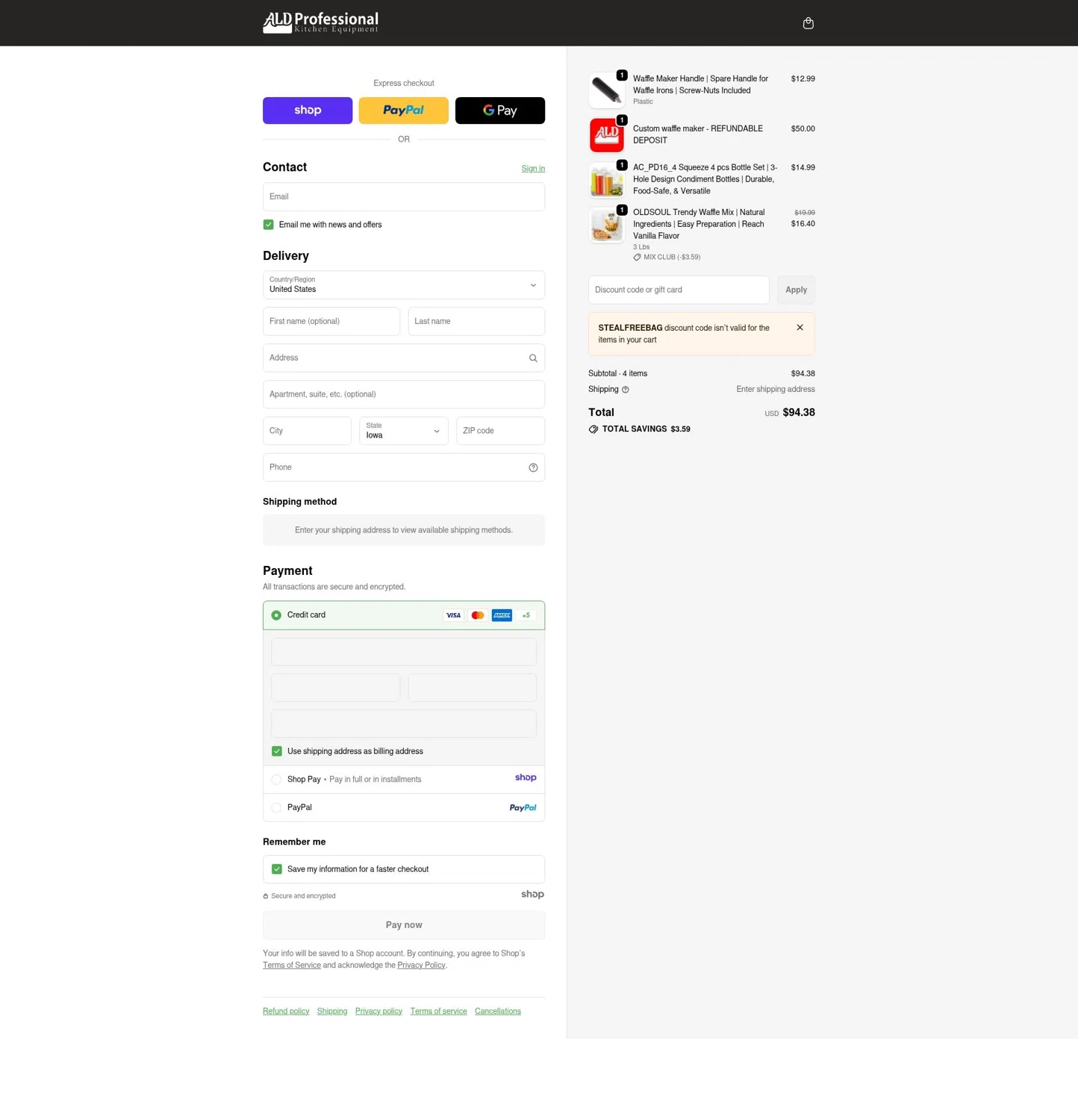 ALDKitchen promo code screenshot showing code stealfreebag applied at ALDKitchen checkout page. Uploaded by SimplyCodes community member LOgoter on Dec 27, 2025