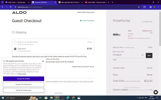 ALDO checkout page showing ALDO promo code box | Screenshot taken by SimplyCodes community member on Jan 17, 2024