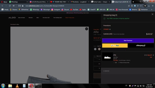 ALDO checkout page showing ALDO promo code box | Screenshot taken by SimplyCodes community member on Nov 20, 2023