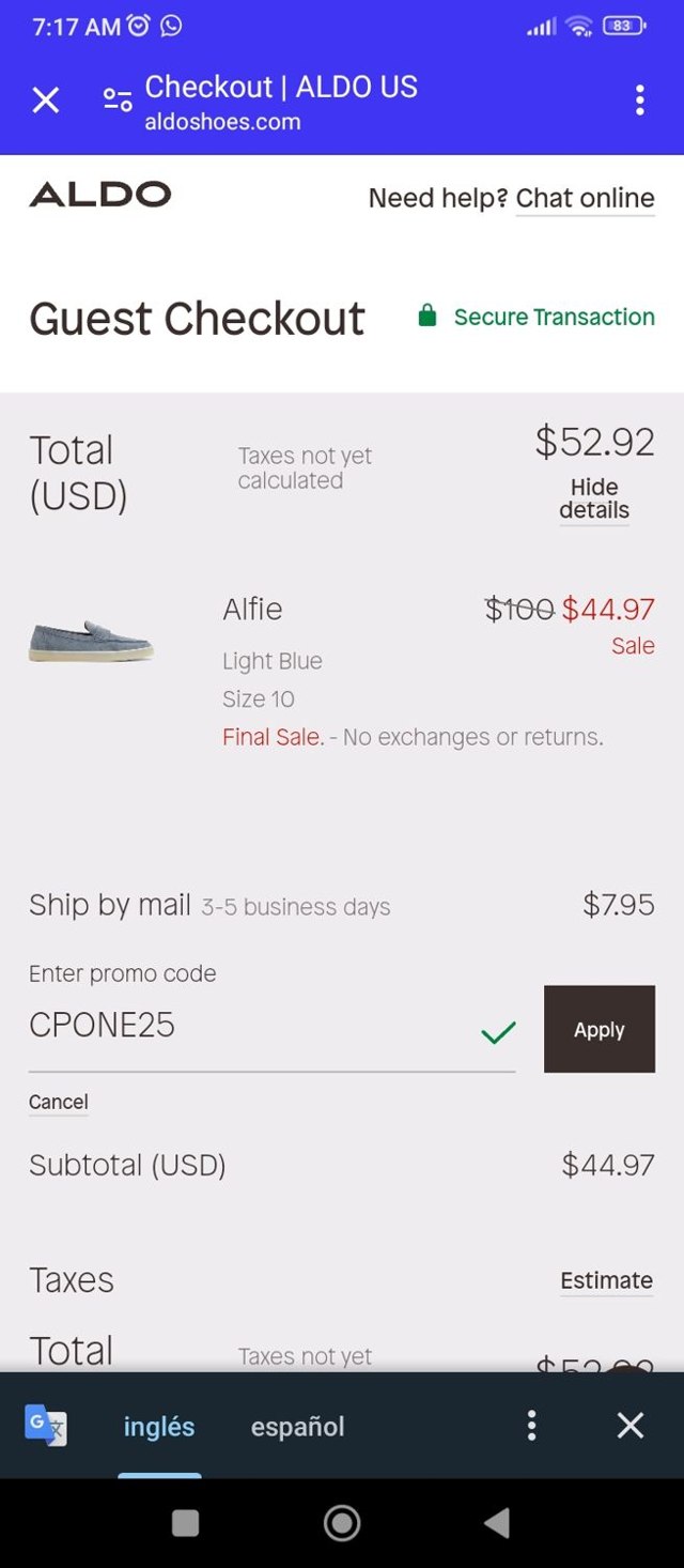 ALDO checkout page showing ALDO promo code box | Screenshot taken by SimplyCodes community member on Nov 13, 2023