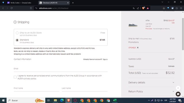 ALDO checkout page showing ALDO promo code box | Screenshot taken by SimplyCodes community member on Feb 9, 2024