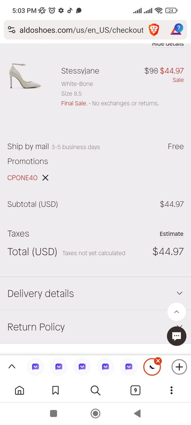 ALDO checkout page showing ALDO promo code box | Screenshot taken by SimplyCodes community member on Nov 21, 2023