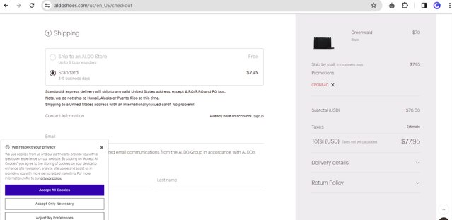 ALDO checkout page showing ALDO promo code box | Screenshot taken by SimplyCodes community member on Feb 7, 2024