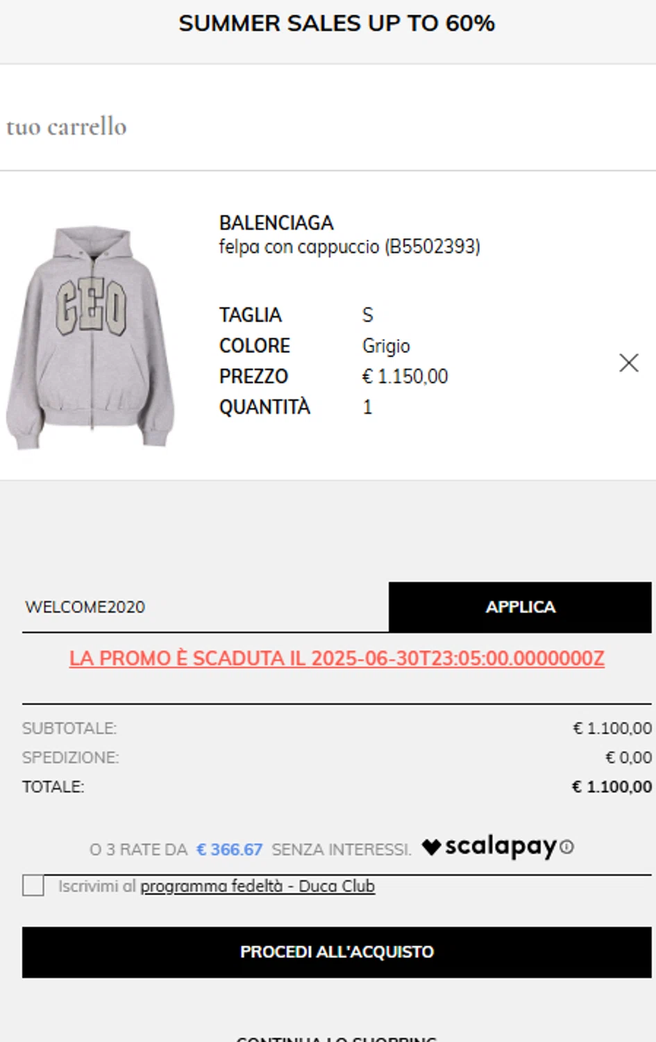 AL DUCA D'AOSTA promo code screenshot showing code WELCOME2020 applied at AL DUCA D'AOSTA checkout page. Uploaded by SimplyCodes community member Carlitoxxxxxxxxxxxxxxxxxxxxxxx on Jul 18, 2025