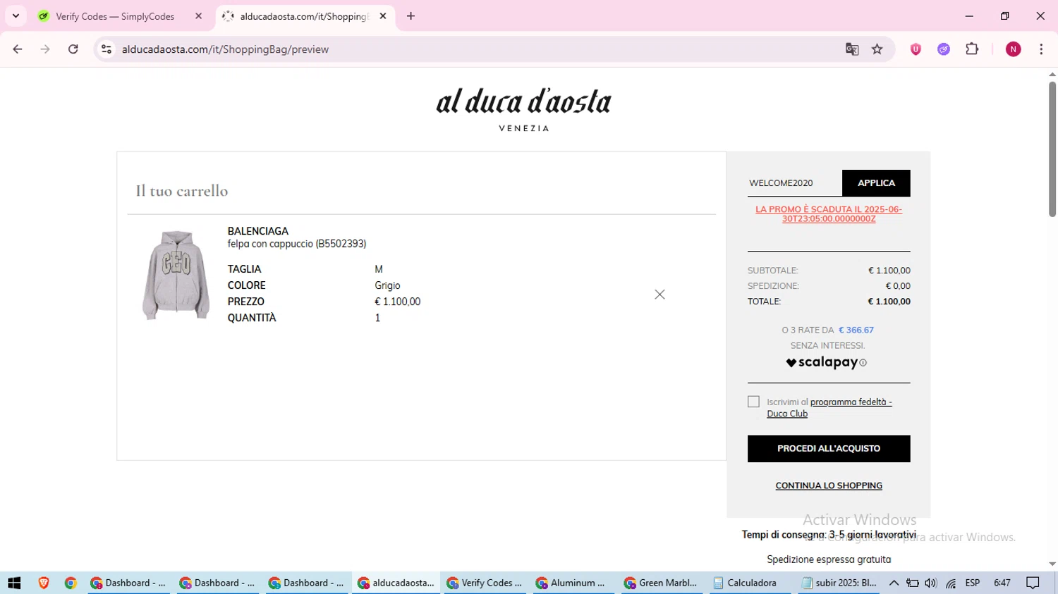 AL DUCA D'AOSTA promo code screenshot showing code WELCOME2020 applied at AL DUCA D'AOSTA checkout page. Uploaded by SimplyCodes community member CoinWizard8578 on Jul 18, 2025