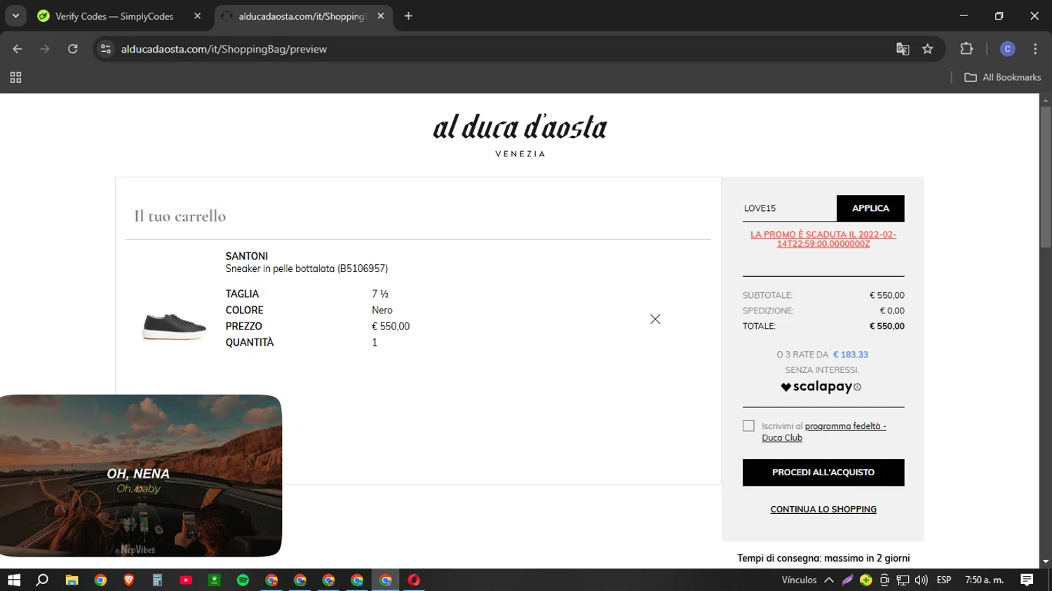 AL DUCA D'AOSTA promo code screenshot showing code LOVE15 applied at AL DUCA D'AOSTA checkout page. Uploaded by SimplyCodes community member Cotu1208 on Mar 6, 2025