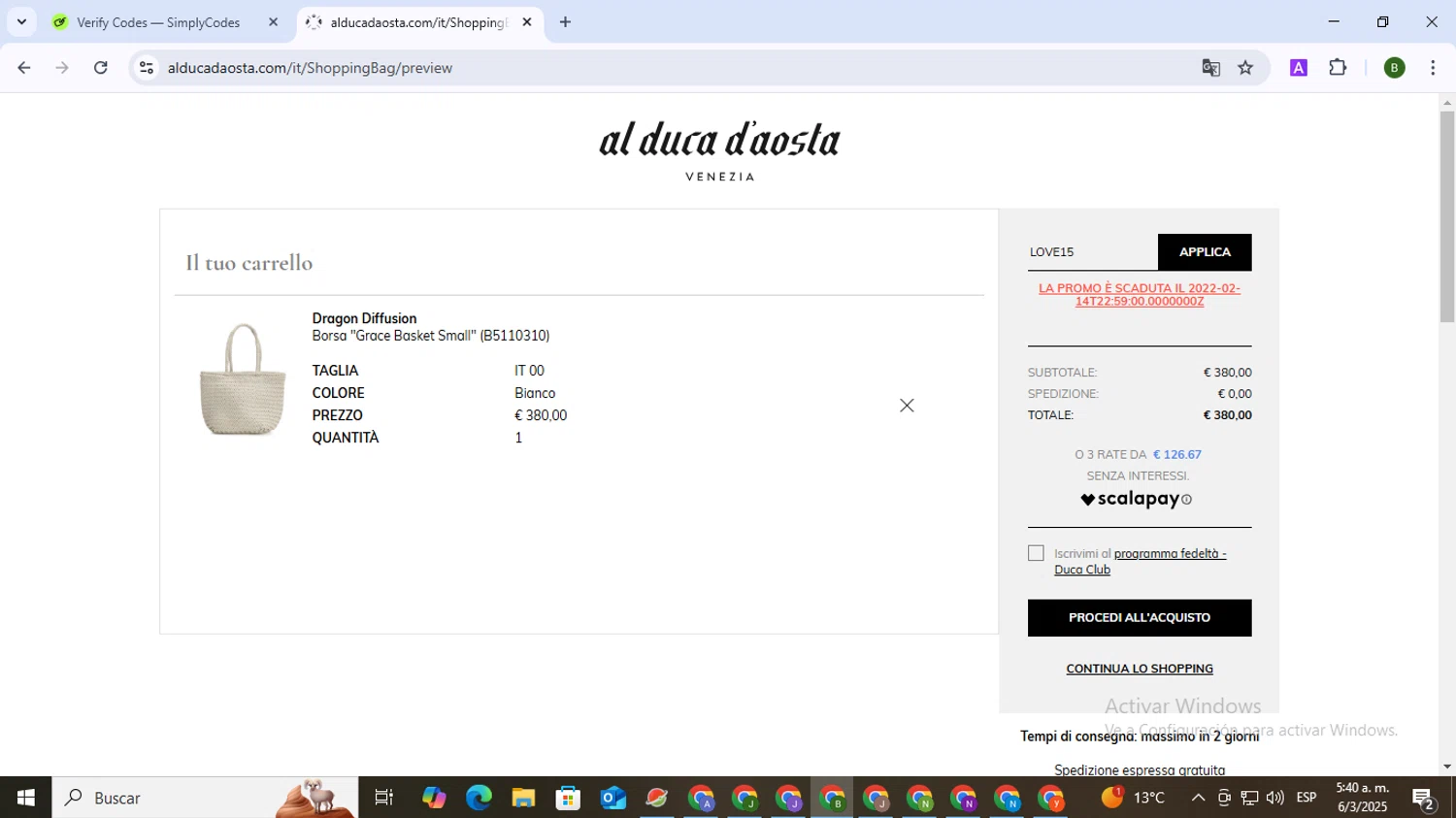 AL DUCA D'AOSTA promo code screenshot showing code LOVE15 applied at AL DUCA D'AOSTA checkout page. Uploaded by SimplyCodes community member SaleVirtuoso5993 on Mar 6, 2025