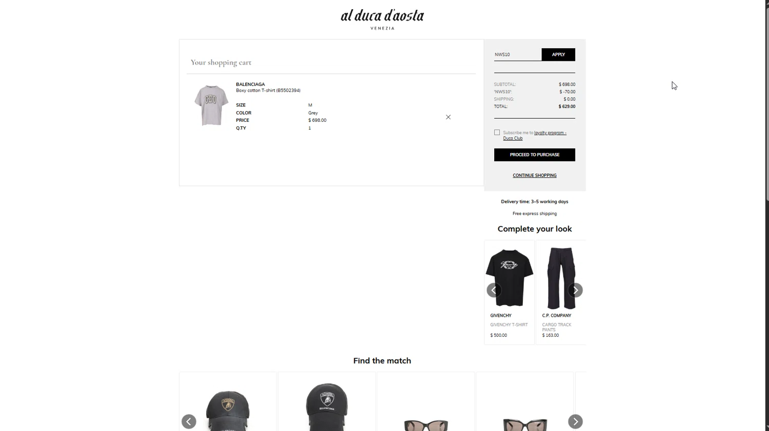 AL DUCA D'AOSTA promo code screenshot showing code NWS10 applied at AL DUCA D'AOSTA checkout page. Uploaded by SimplyCodes community member Heibk201 on Jul 18, 2025