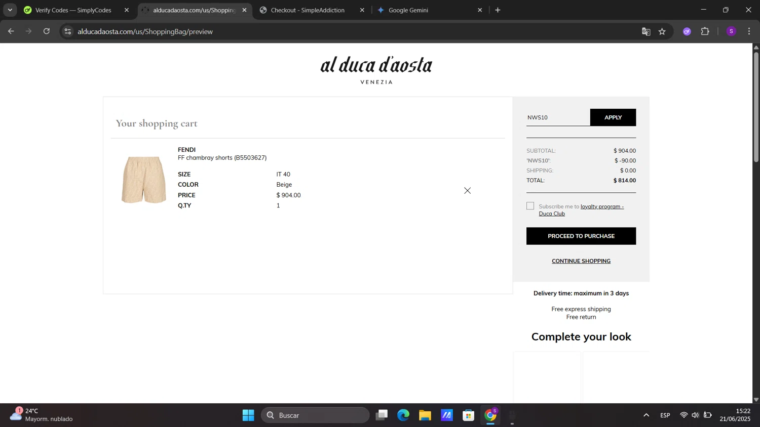 AL DUCA D'AOSTA promo code screenshot showing code NWS10 applied at AL DUCA D'AOSTA checkout page. Uploaded by SimplyCodes community member sorialbam on Jun 21, 2025