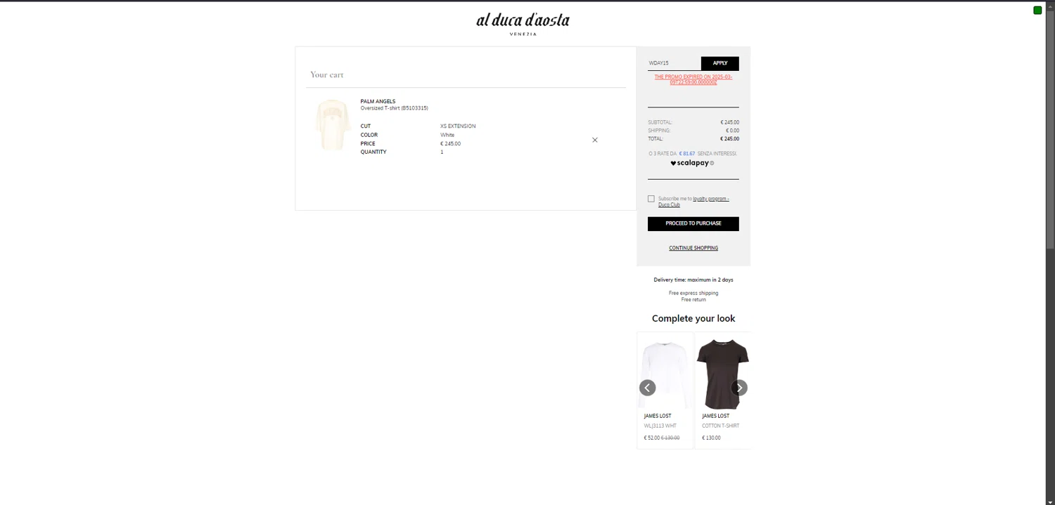 AL DUCA D'AOSTA promo code screenshot showing code WDAY15 applied at AL DUCA D'AOSTA checkout page. Uploaded by SimplyCodes community member RINITOSHI on Apr 4, 2025