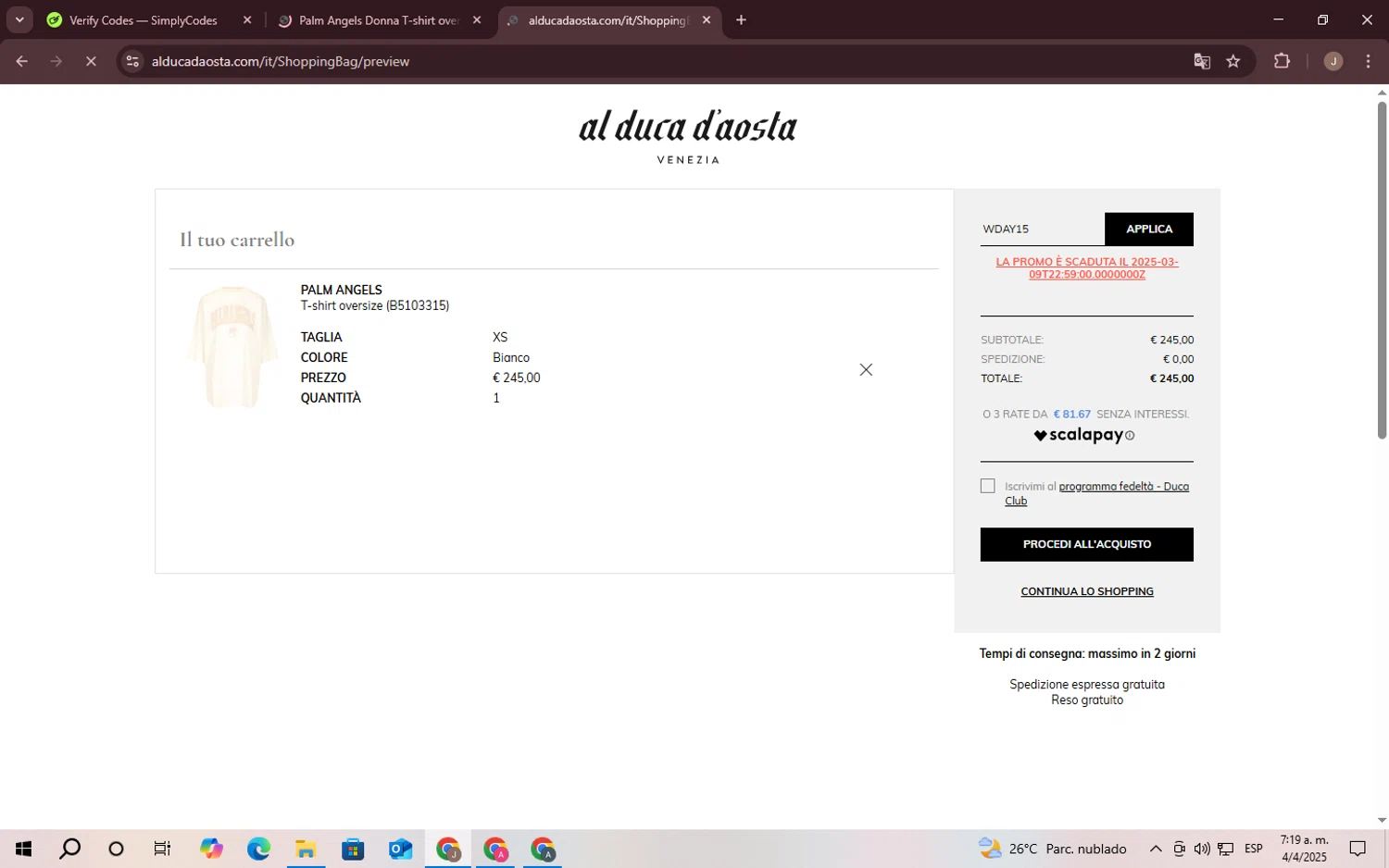 AL DUCA D'AOSTA promo code screenshot showing code WDAY15 applied at AL DUCA D'AOSTA checkout page. Uploaded by SimplyCodes community member CrownChaser949 on Apr 4, 2025