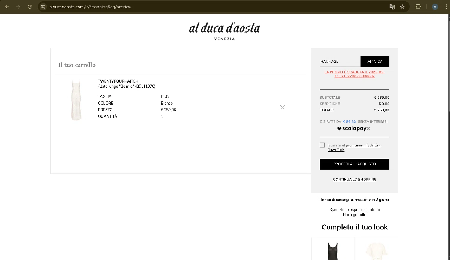AL DUCA D'AOSTA promo code screenshot showing code mamma25 applied at AL DUCA D'AOSTA checkout page. Uploaded by SimplyCodes community member Danmiel007 on Jun 4, 2025