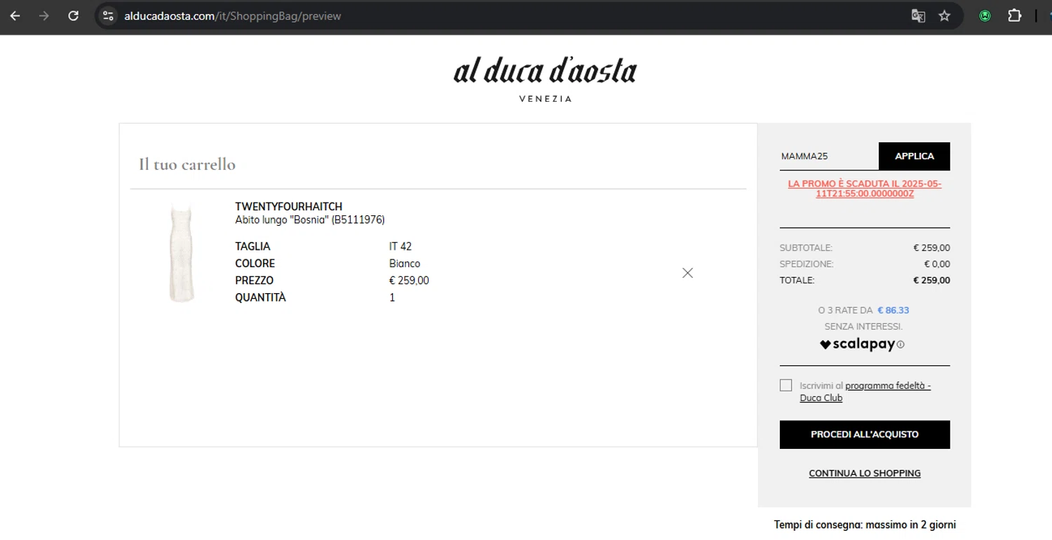 AL DUCA D'AOSTA promo code screenshot showing code mamma25 applied at AL DUCA D'AOSTA checkout page. Uploaded by SimplyCodes community member RoyalSpotter5217 on Jun 4, 2025