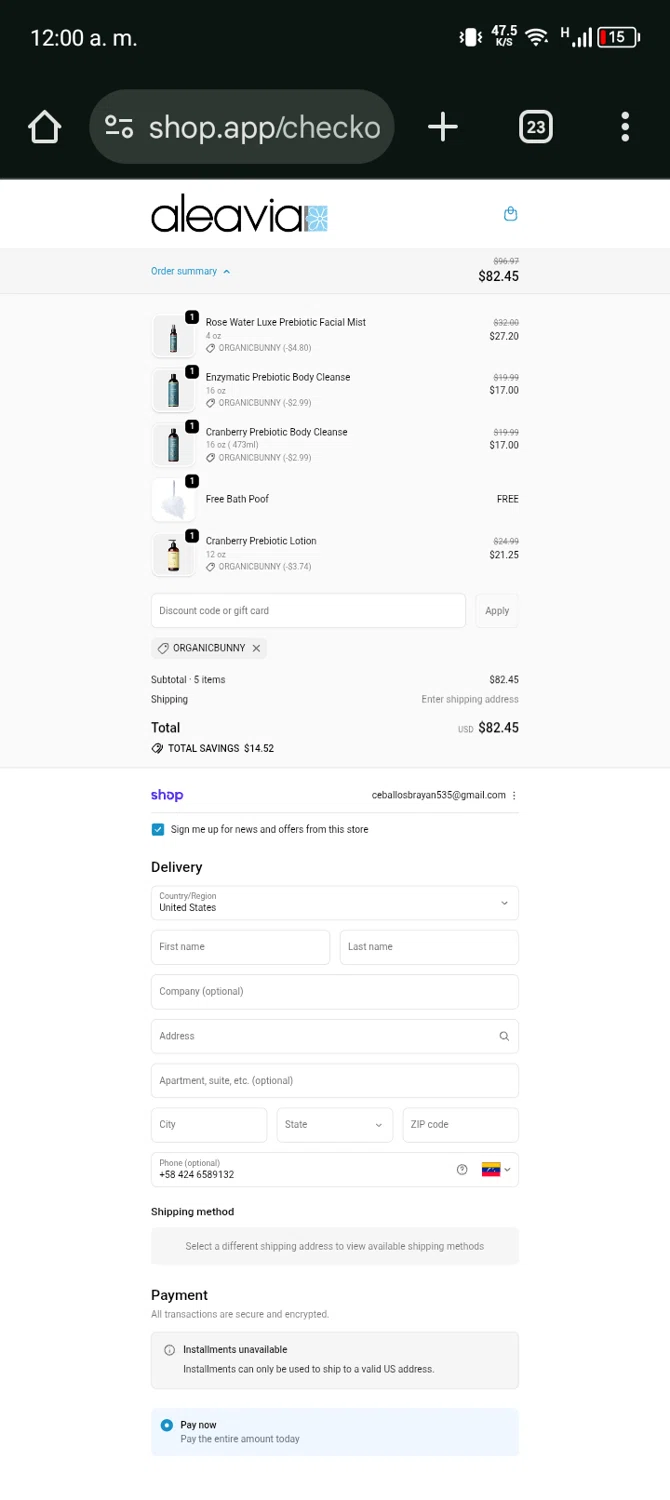 Aleavia discount code screenshot showing code ORGANICBUNNY applied at Aleavia checkout page. Uploaded by SimplyCodes community member Ryan_Garcia on Oct 22, 2025