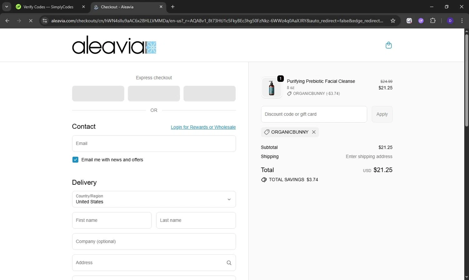 Aleavia discount code screenshot showing code ORGANICBUNNY applied at Aleavia checkout page. Uploaded by SimplyCodes community member Obito6245825041527 on Nov 3, 2025