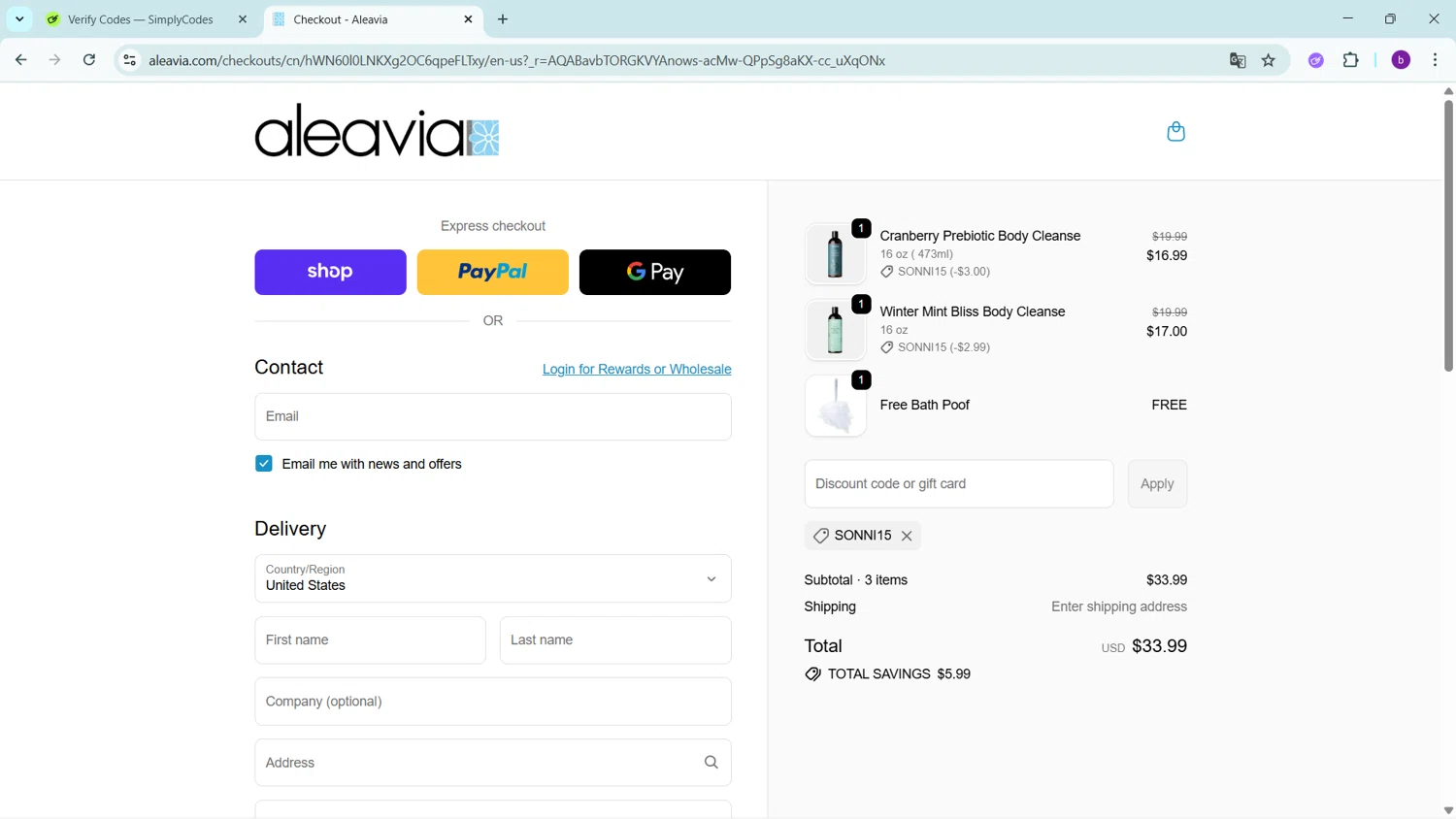 Aleavia discount code screenshot showing code SONNI15 applied at Aleavia checkout page. Uploaded by SimplyCodes community member RoyalSleuth2430 on Dec 4, 2025