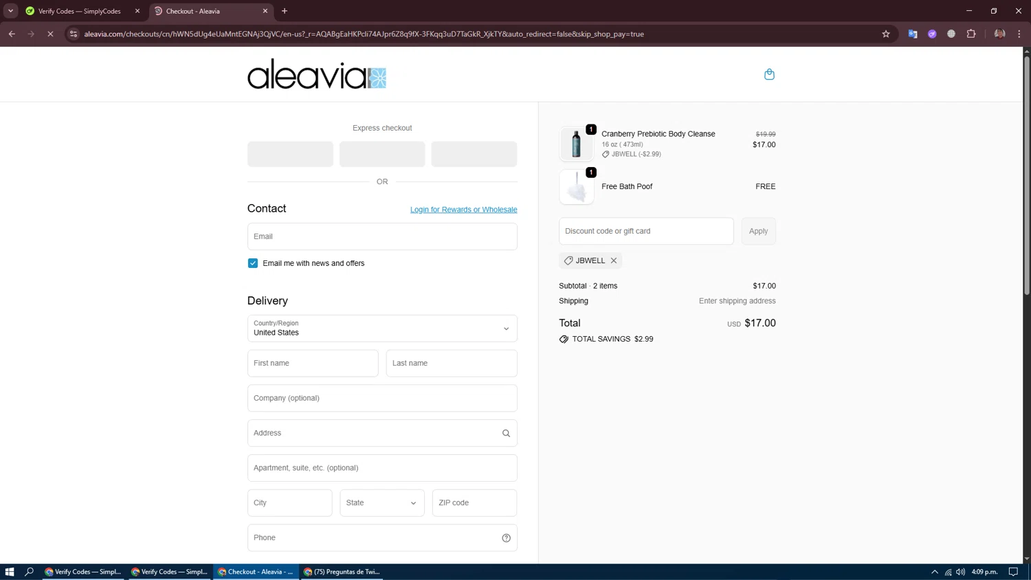 Aleavia discount code screenshot showing code jbwell applied at Aleavia checkout page. Uploaded by SimplyCodes community member CraazyTroll123 on Nov 23, 2025