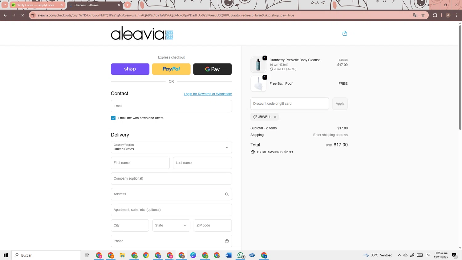 Aleavia discount code screenshot showing code jbwell applied at Aleavia checkout page. Uploaded by SimplyCodes community member RebateRanger3247 on Nov 13, 2025