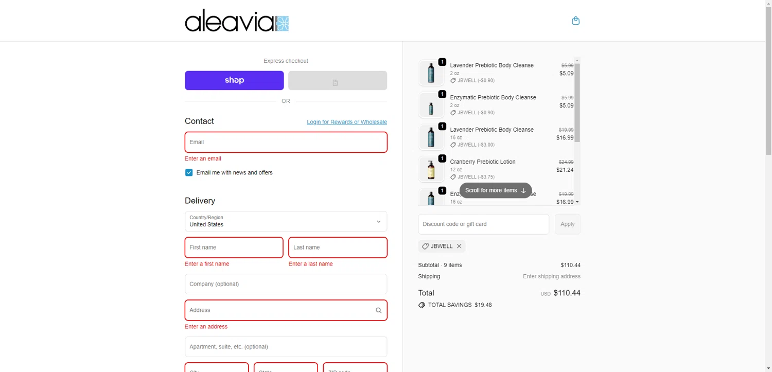 Aleavia discount code screenshot showing code jbwell applied at Aleavia checkout page. Uploaded by SimplyCodes community member SilverPioneer1110 on Nov 13, 2025