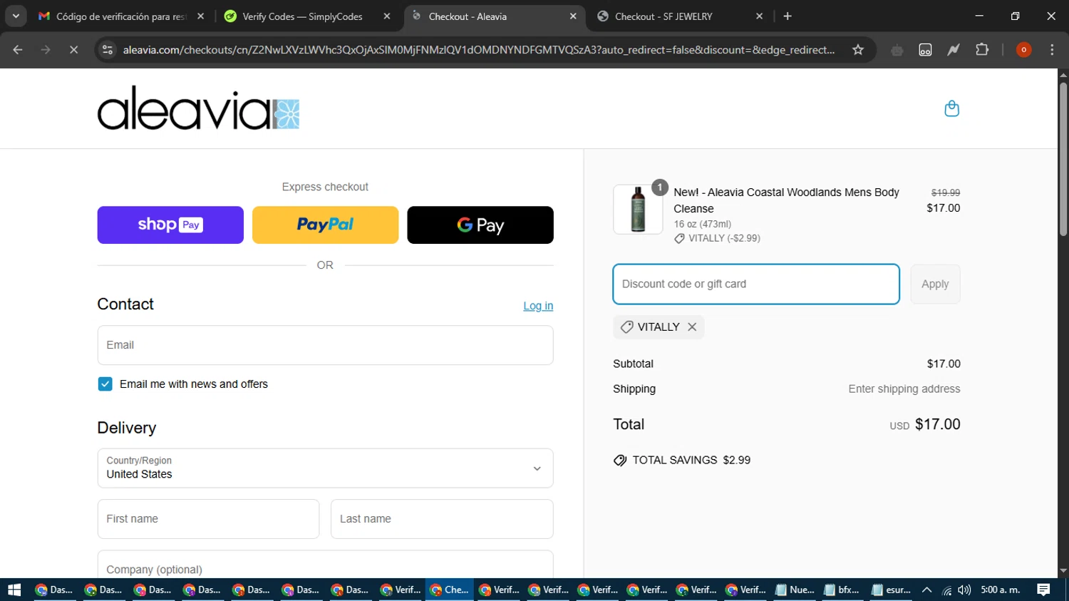 Aleavia discount code screenshot showing code vitally applied at Aleavia checkout page. Uploaded by SimplyCodes community member WiseTracker2171 on Apr 18, 2025
