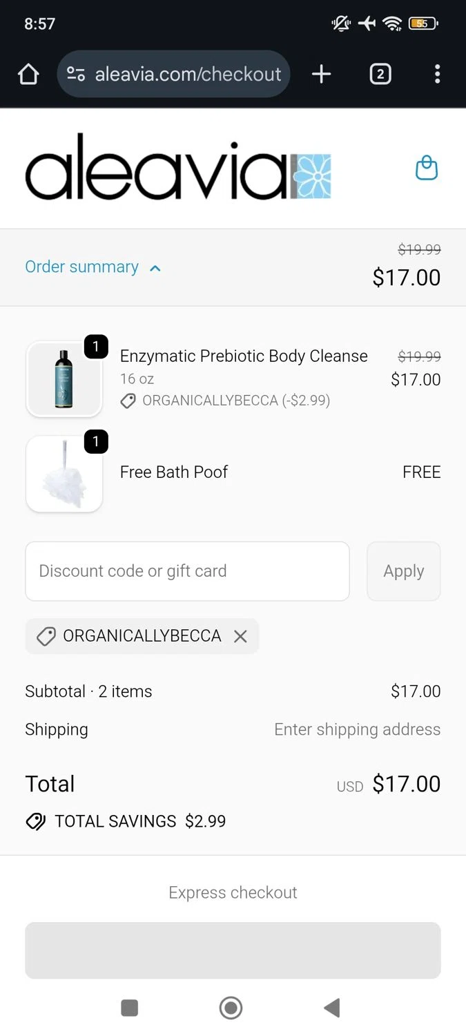Aleavia discount code screenshot showing code ORGANICALLYBECCA applied at Aleavia checkout page. Uploaded by SimplyCodes community member RoyalSpotter5217 on Sep 20, 2025