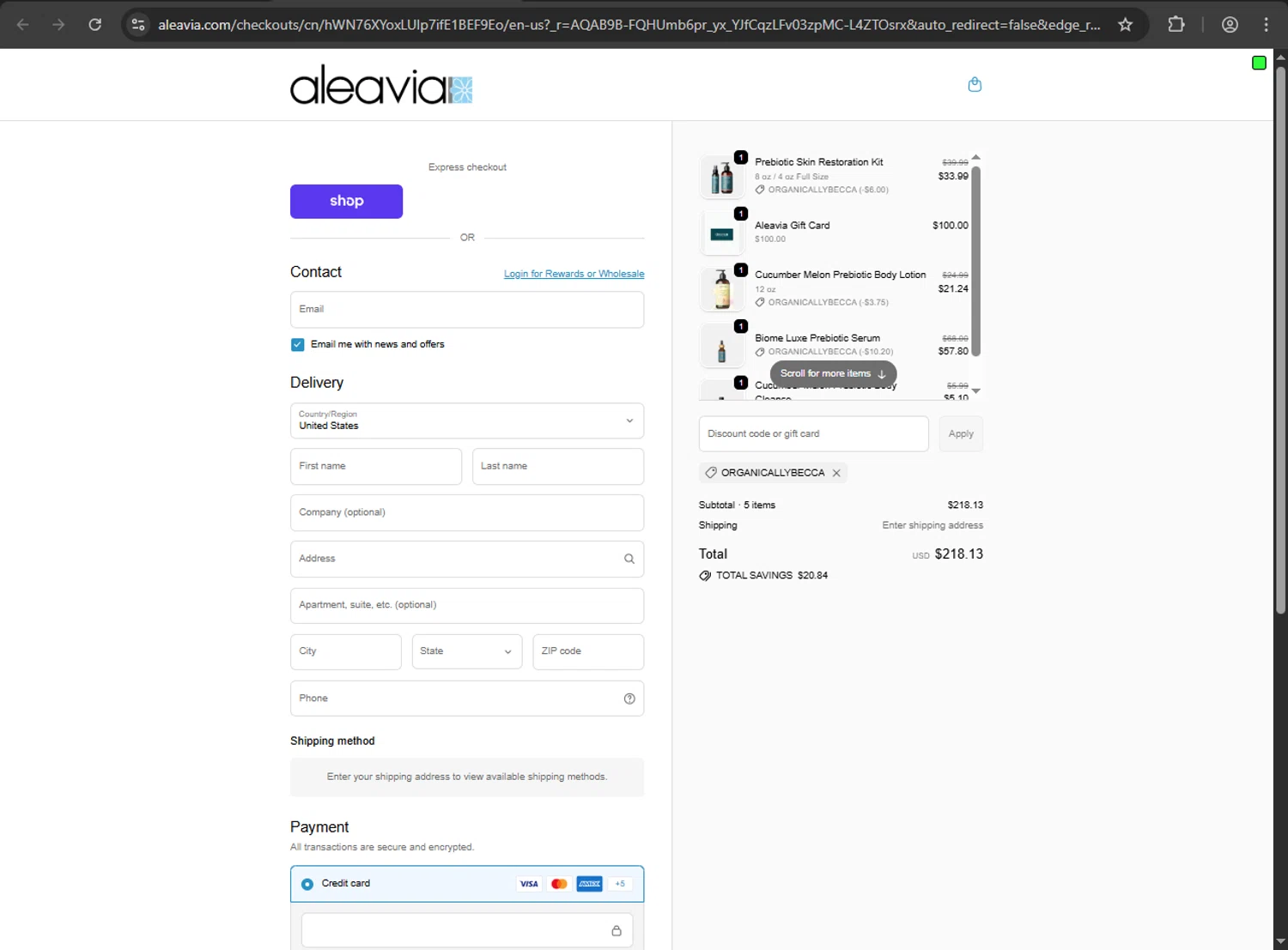 Aleavia discount code screenshot showing code ORGANICALLYBECCA applied at Aleavia checkout page. Uploaded by SimplyCodes community member kaiser2 on Jan 1, 2026