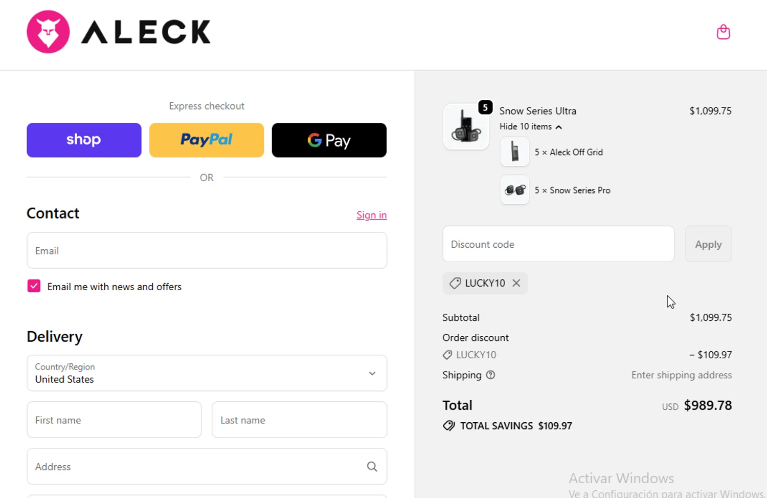 Aleck US promo code screenshot showing code LUCKY10 applied at Aleck US checkout page. Uploaded by SimplyCodes community member BudgetGuardian5712 on Nov 4, 2025