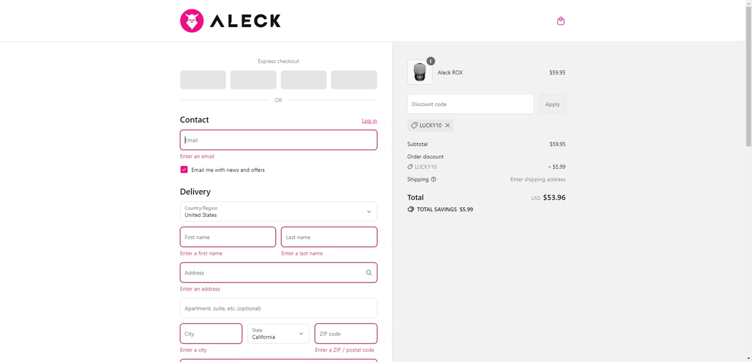 Aleck US promo code screenshot showing code LUCKY10 applied at Aleck US checkout page. Uploaded by SimplyCodes community member PromoAdmiral6652 on Aug 23, 2025
