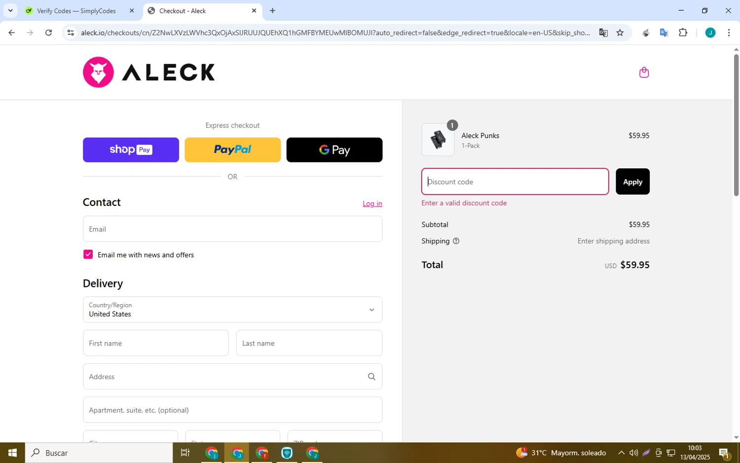 Aleck US promo code screenshot showing code ZJLTHHN2 applied at Aleck US checkout page. Uploaded by SimplyCodes community member collug_2_0 on Apr 13, 2025