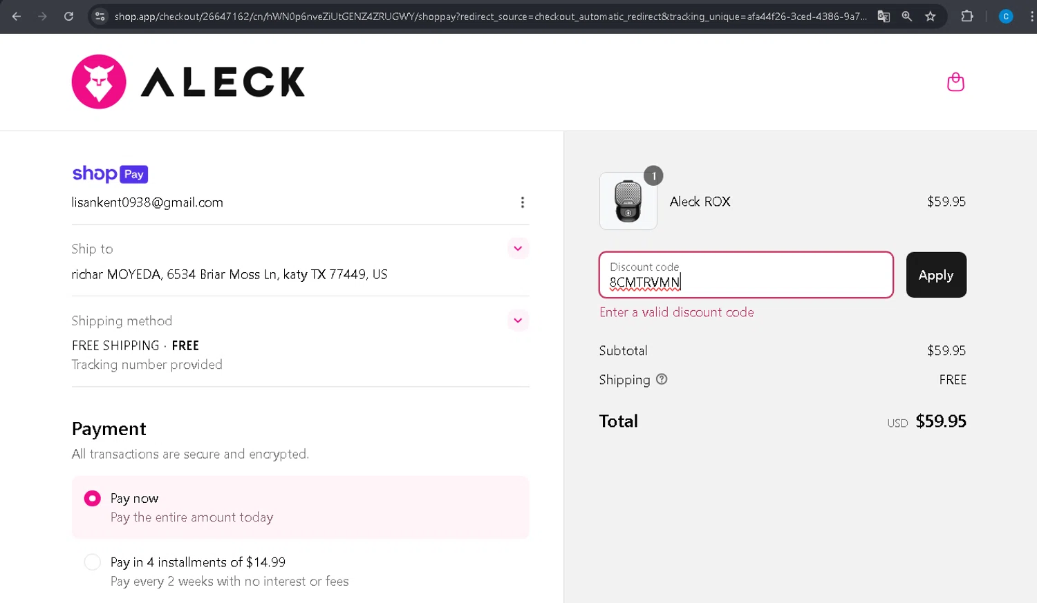 Aleck US promo code screenshot showing code 8CMTRVMN applied at Aleck US checkout page. Uploaded by SimplyCodes community member PromoBoss9319 on Jul 20, 2025