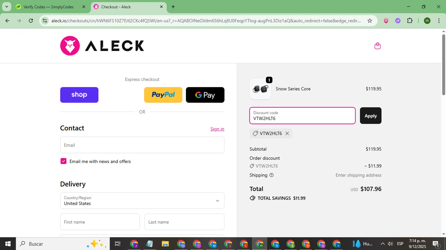 Aleck US promo code screenshot showing code VTW2HLT6 applied at Aleck US checkout page. Uploaded by SimplyCodes community member CoinSage7057 on Dec 9, 2025